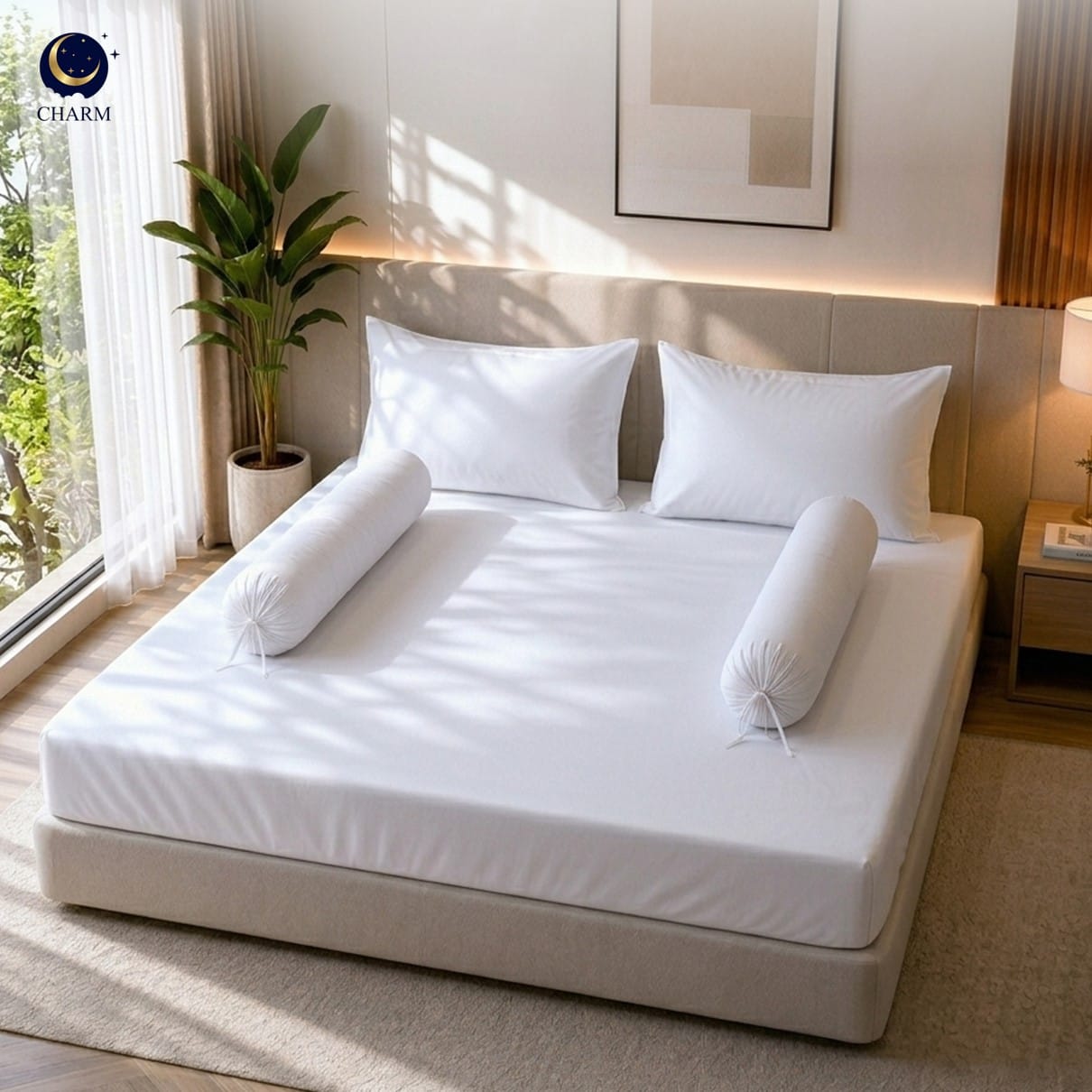 ชุดผ้าปูที่นอน 6 ฟุต 5 ชิ้น CHARM รุ่น HOTEL สีขาว_3
